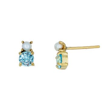 Clou oreille femme or jaune 9k aigue-marine et perle de culture