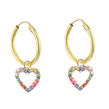 Créoles or 9kt femme pendentif cœur zirconia multicolore 14mm