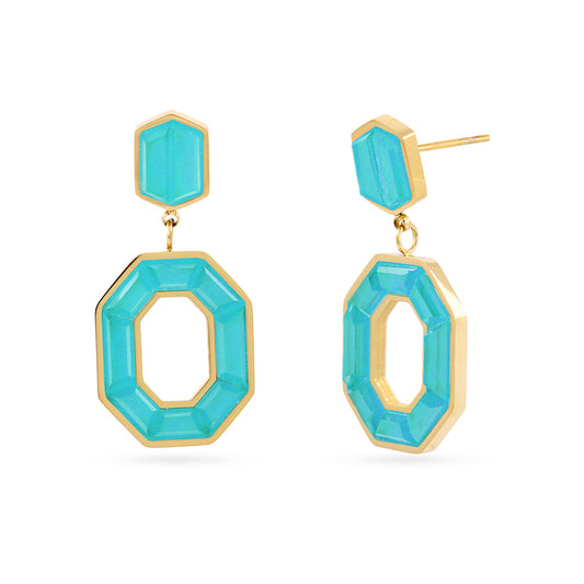 Boucles d'oreilles pendantes femme acier doré pierre turquoise