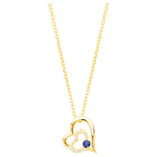 Collier femme plaqué or jaune double cœur saphir zirconia