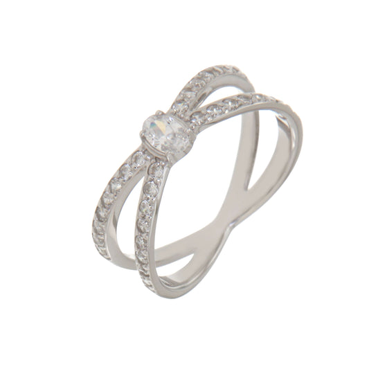 Bague femme argent rhodié zirconia croisée nœud