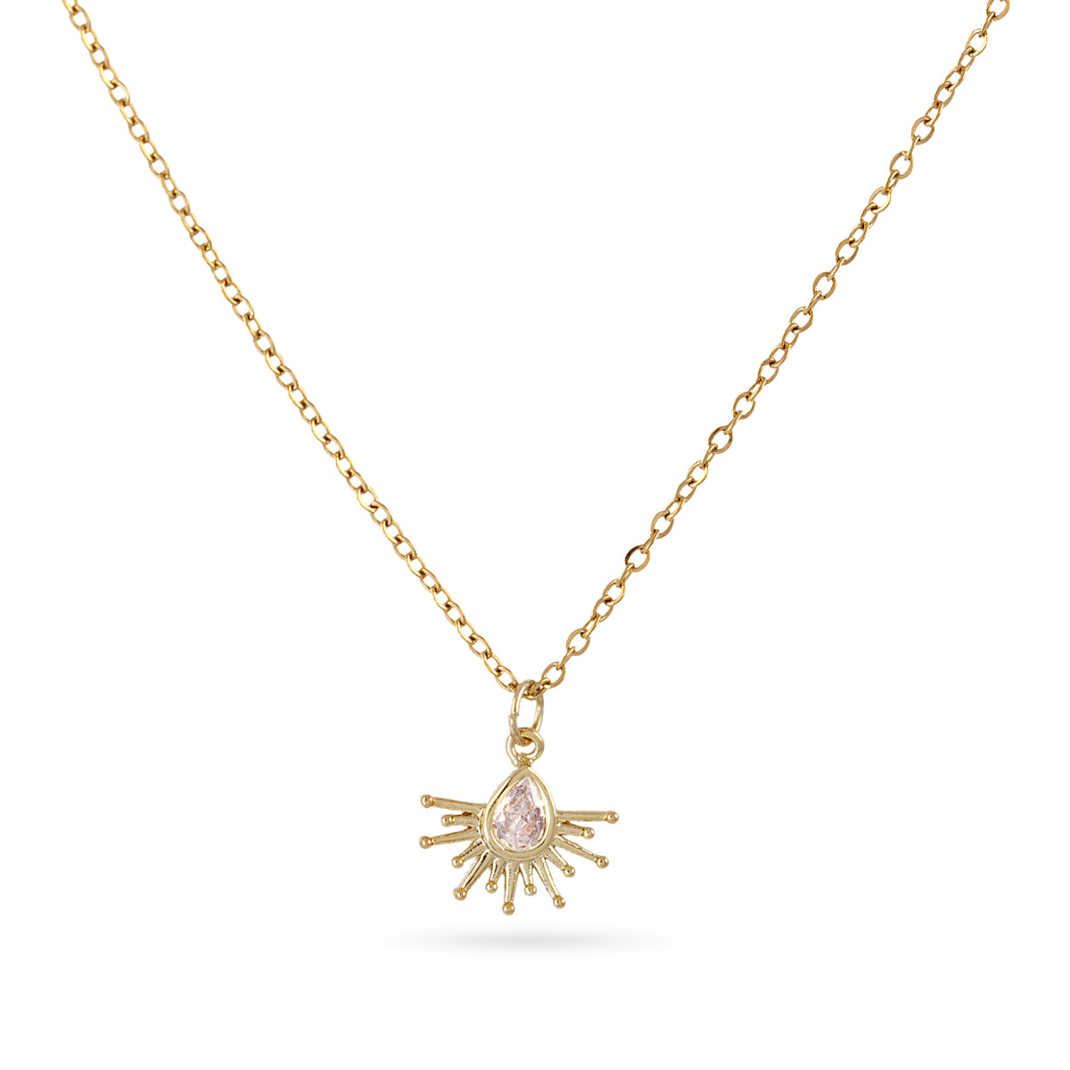 Collier femme acier doré pendentif soleil zirconia rose