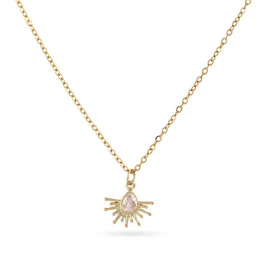 Collier femme acier doré pendentif soleil zirconia rose