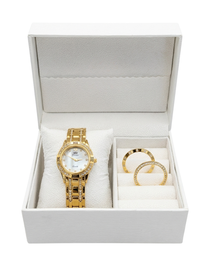 MONTRE DAME SWISS MADE - BRACELET METAL DORE - CADRAN NACRE - 3 LUNETTES INTERCHANGEABLE