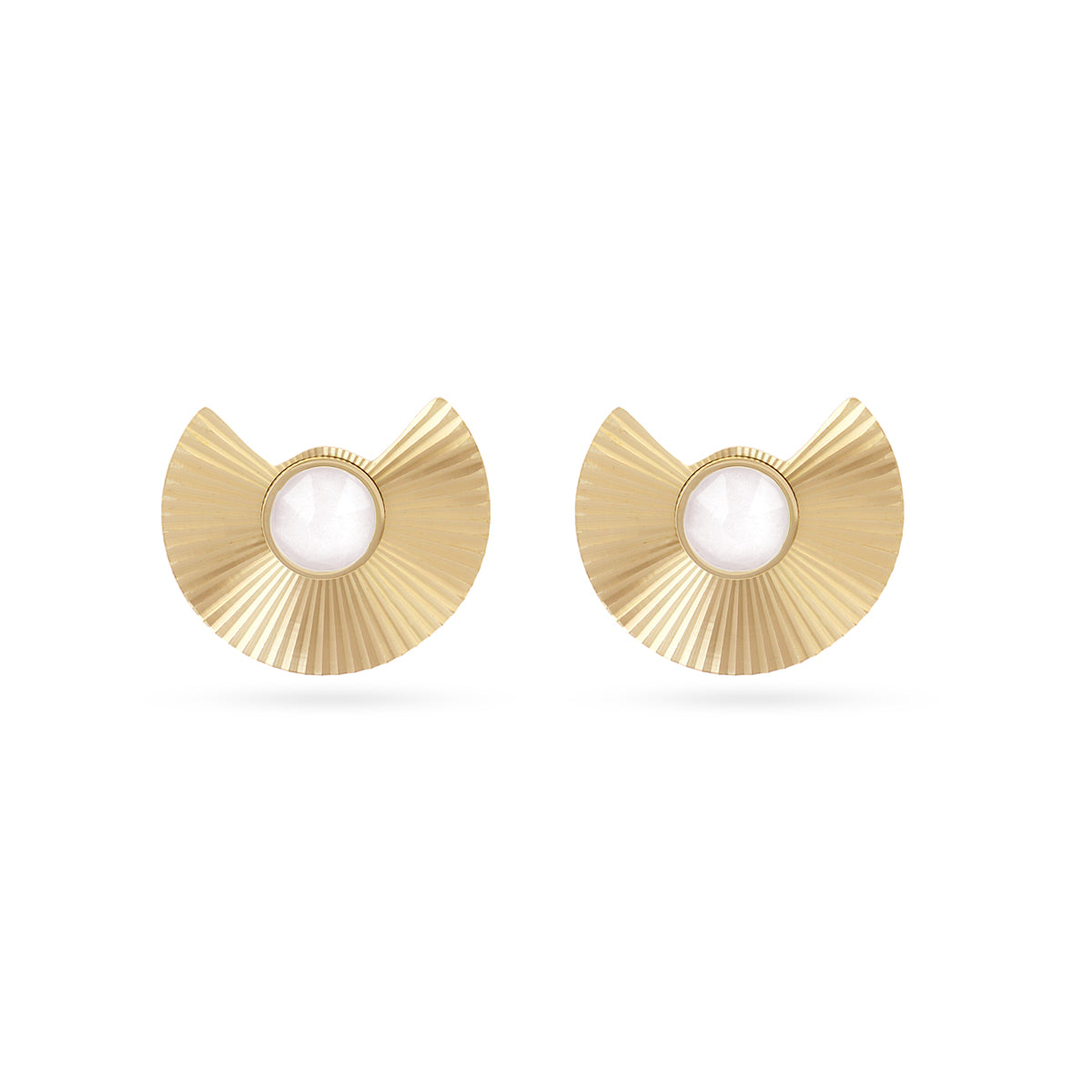 Boucles d'oreilles femme acier doré éventail pierre blanche