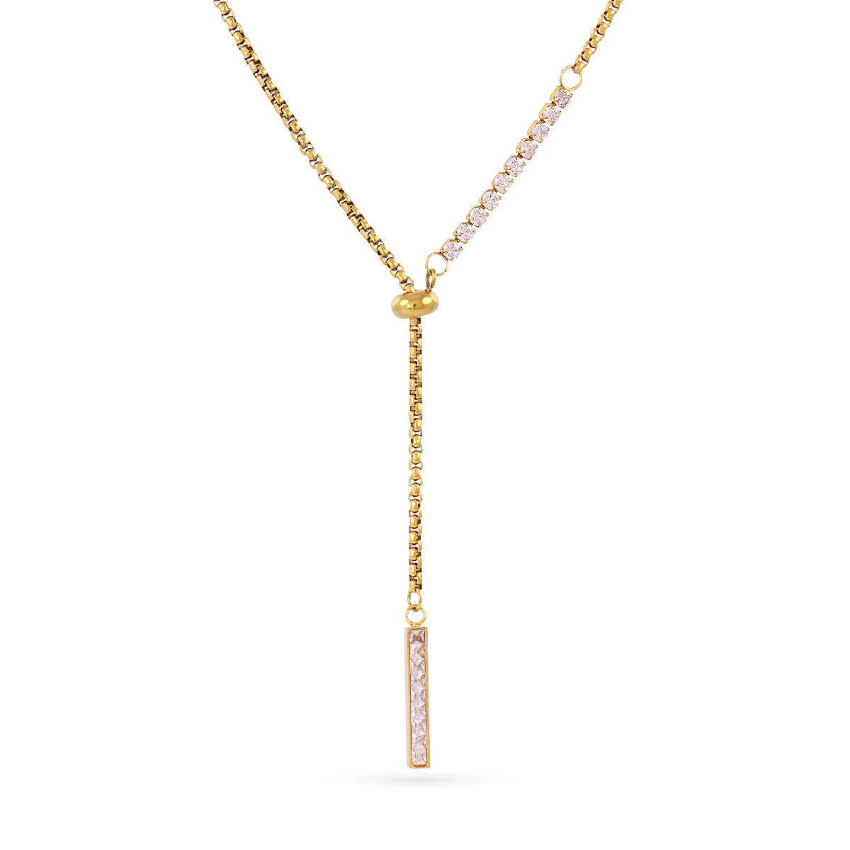 Collier femme acier doré lasso pendentif barre zirconia