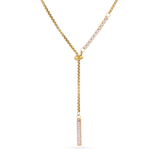 Collier femme acier doré lasso pendentif barre zirconia