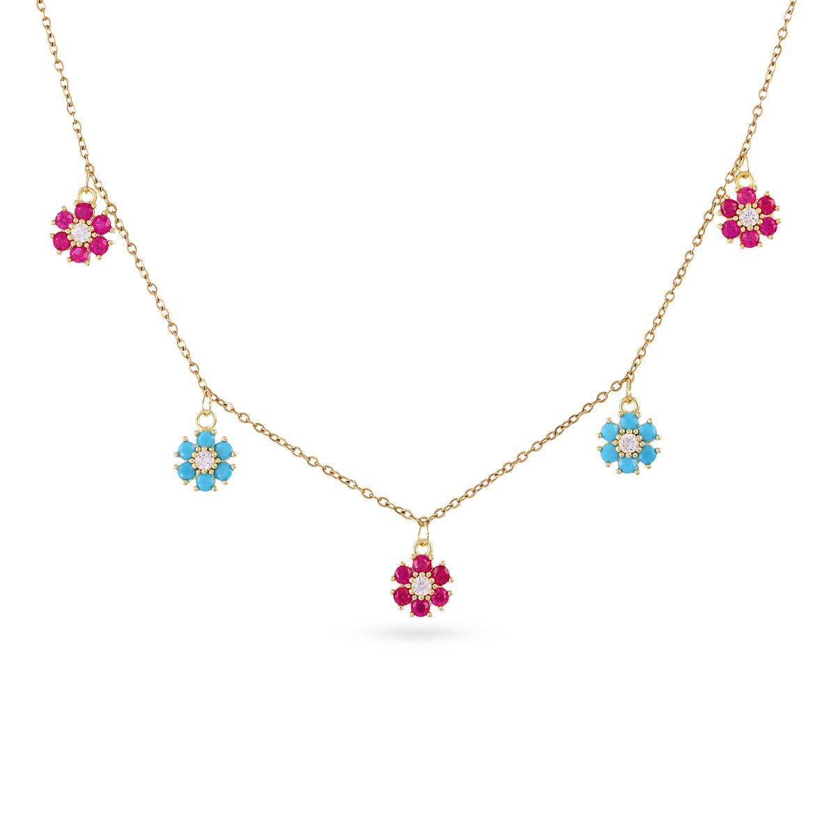 Collier femme acier doré fleurs zirconia multicolore 38cm