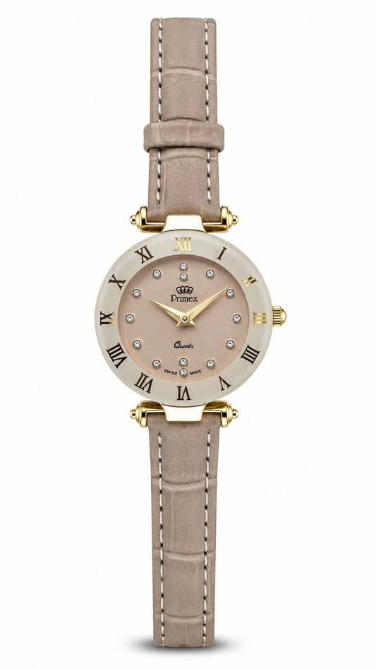Montre femme Swiss Made dorée cadran rose cristaux