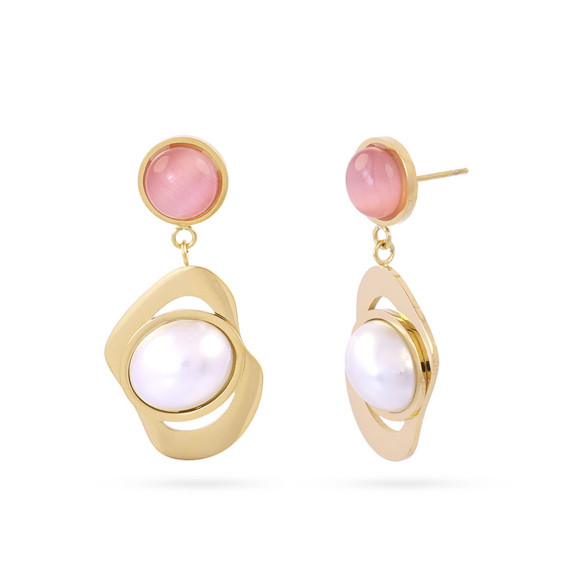 Boucles d'oreilles pendantes femme acier doré perle et quartz rose
