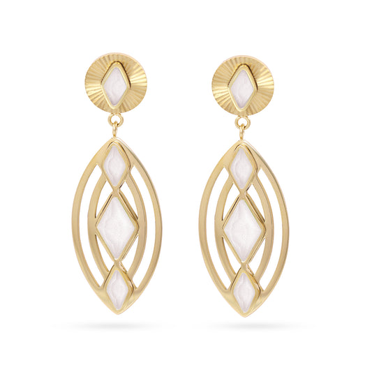 Boucles d'oreilles pendantes femme acier doré pierres blanches