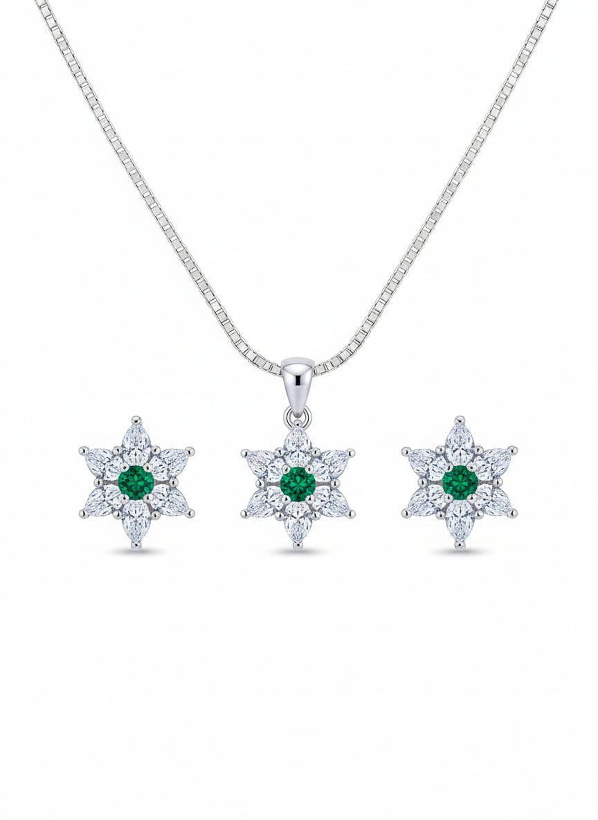 PARURE ARGENT RHODIE - ZIRCONIA - EMERAUDE SYNTHETIQUE