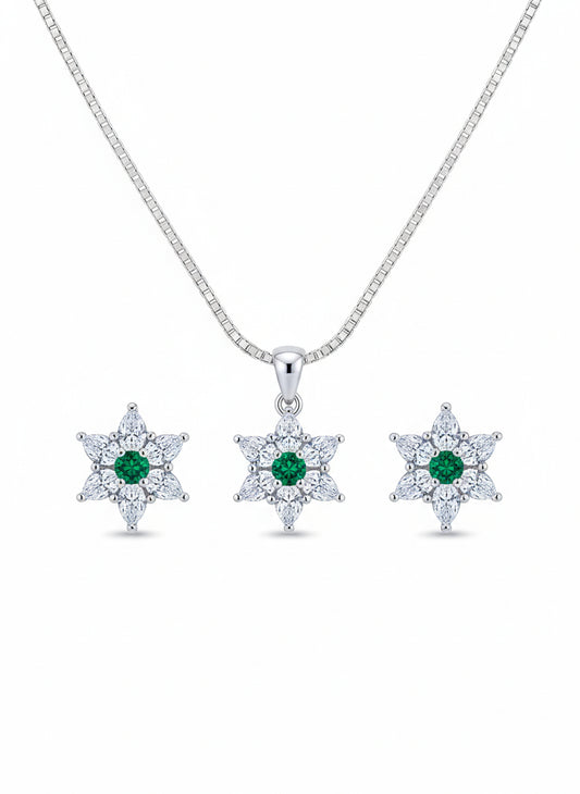 PARURE ARGENT RHODIE - ZIRCONIA - EMERAUDE SYNTHETIQUE