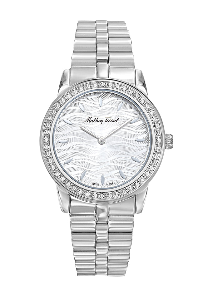 Montre femme acier argenté cadran vagues cristaux Swiss Made