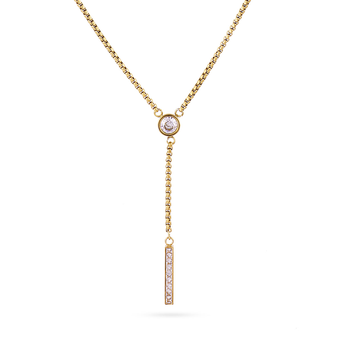 Collier femme acier doré pendentif barre zirconia