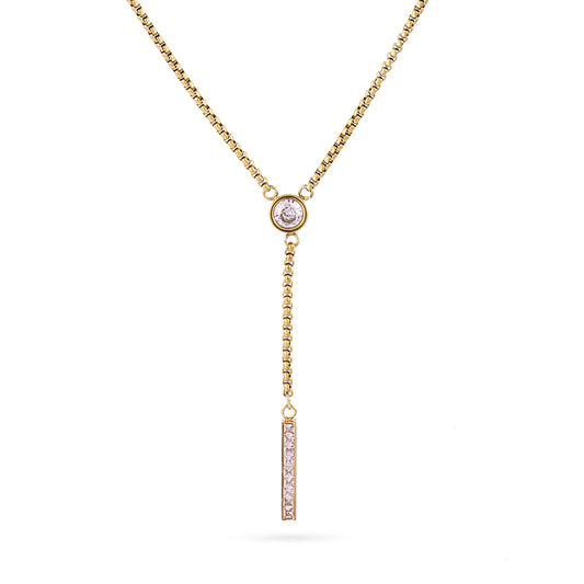 Collier femme acier doré pendentif barre zirconia