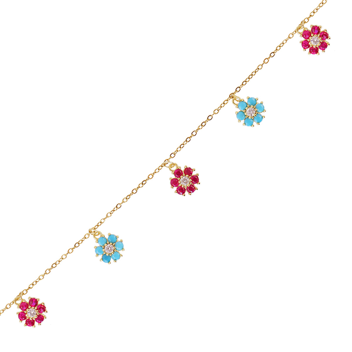 Bracelet femme acier doré charms fleurs zirconia multicolore