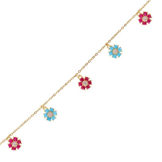 Bracelet femme acier doré charms fleurs zirconia multicolore
