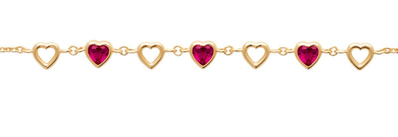 Bracelet femme plaqué or jaune cœurs zirconia rouge