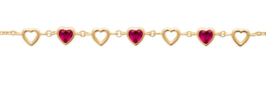 Bracelet femme plaqué or jaune cœurs zirconia rouge