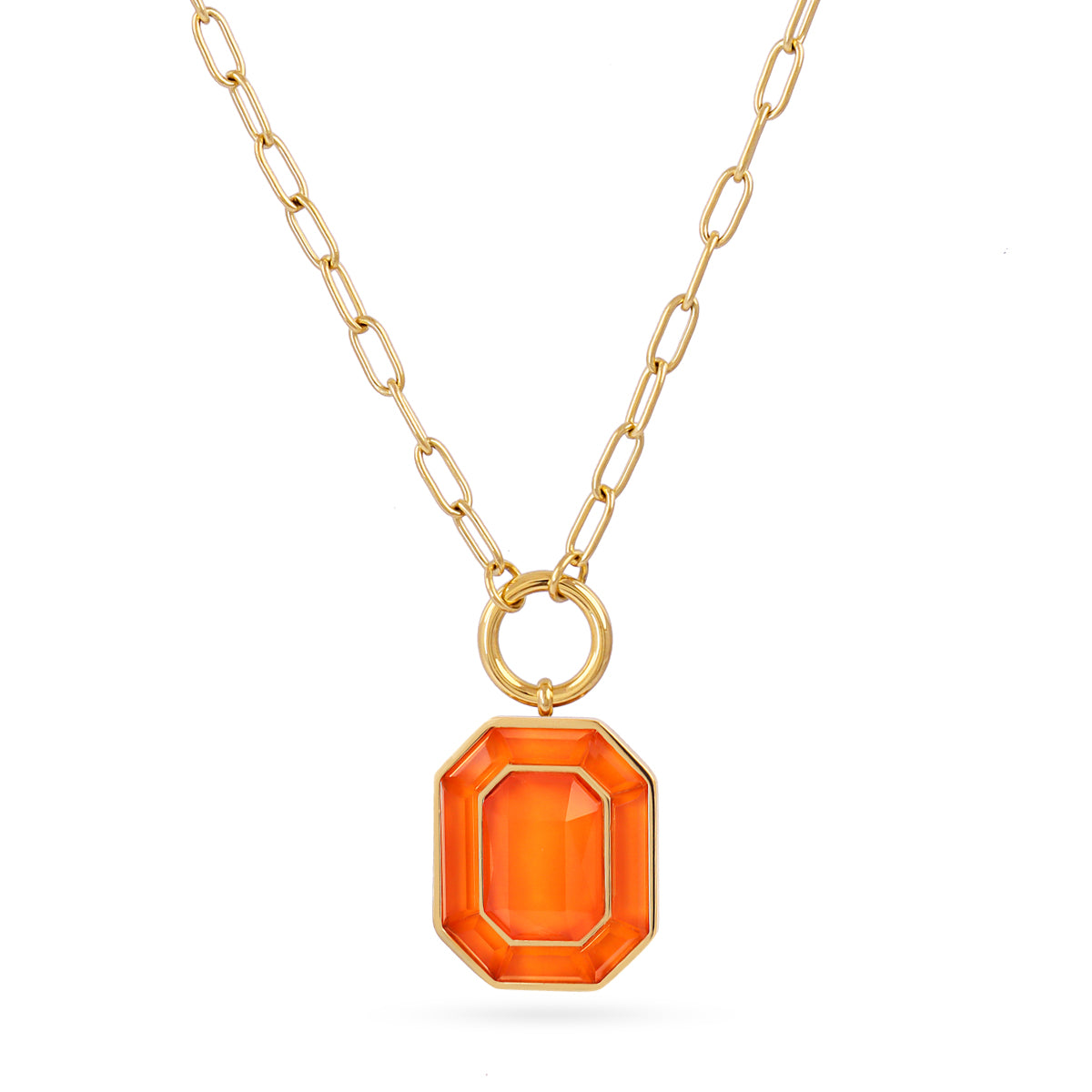 Collier femme acier doré pendentif pierre synthétique orange