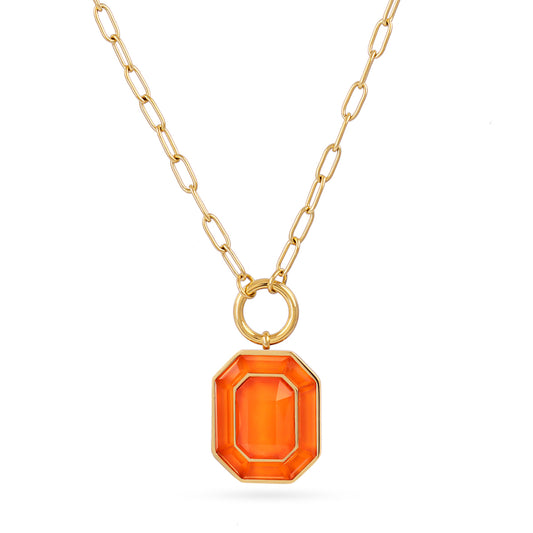 Collier femme acier doré pendentif pierre synthétique orange