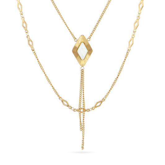 Collier femme acier doré double rang pierre blanche frange