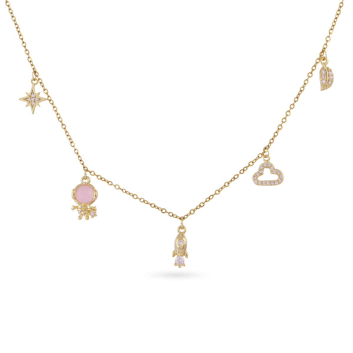 Collier femme acier doré charms espace zirconia rose