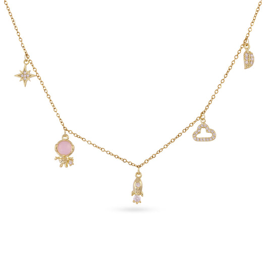 Collier femme acier doré charms espace zirconia rose