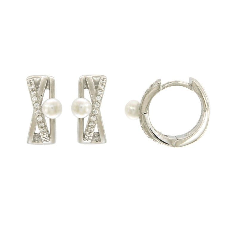 Créoles femme argent rhodié zirconia et perle d'eau douce 14mm