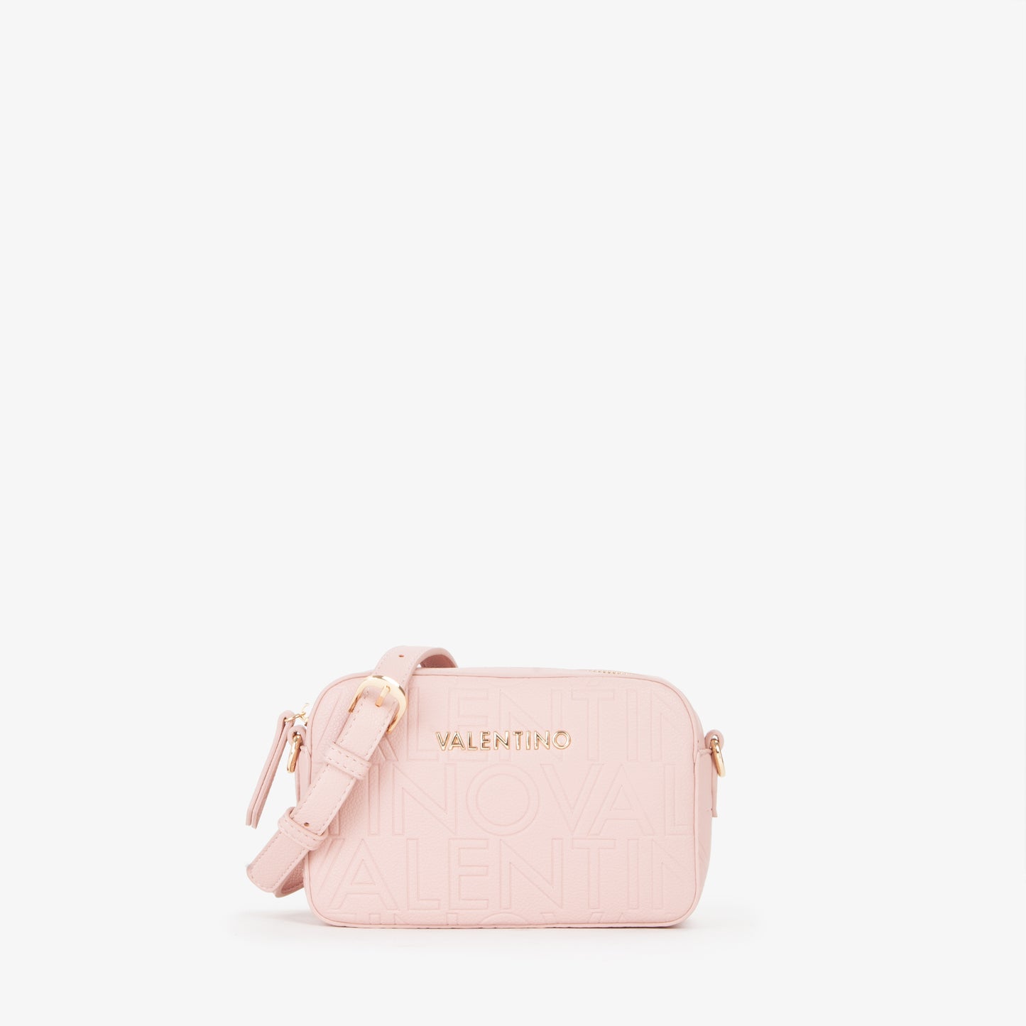 Sac bandoulière femme rose poudré embossé logo caméra