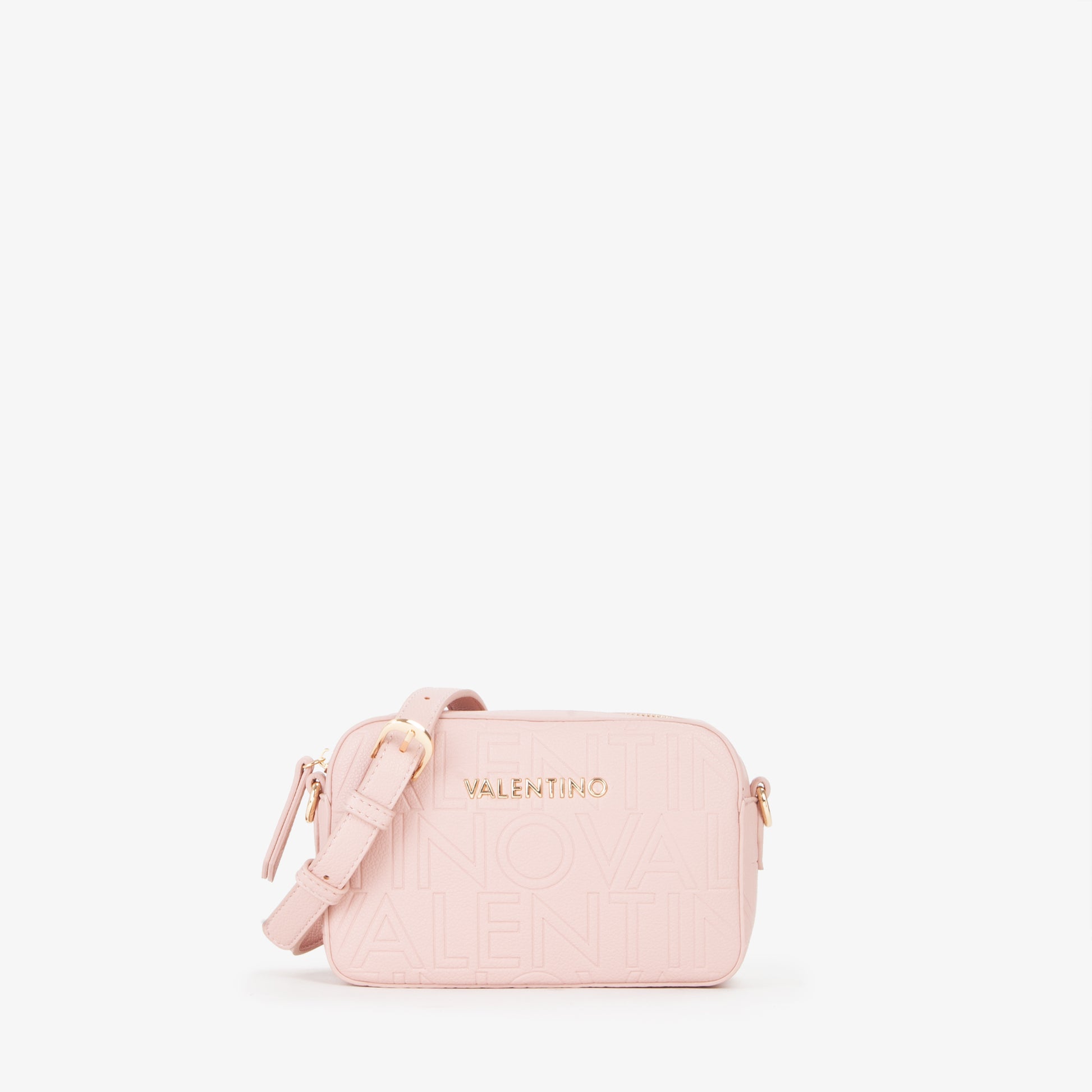 Sac bandoulière femme rose poudré embossé logo caméra