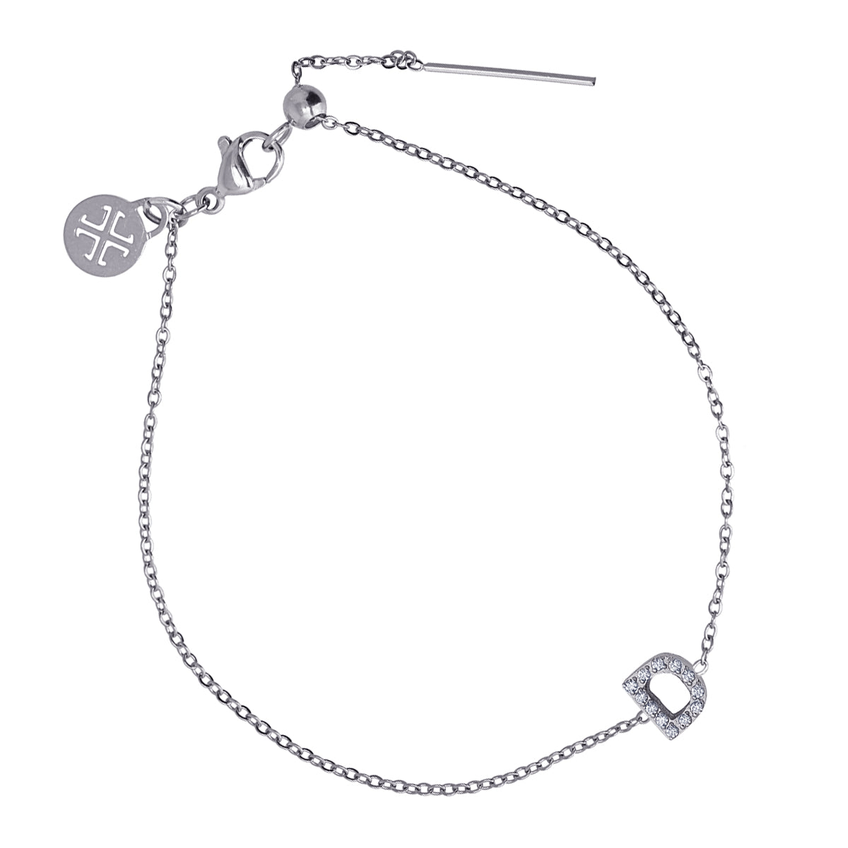 Bracelet femme acier lettre D zirconia argenté 19 cm