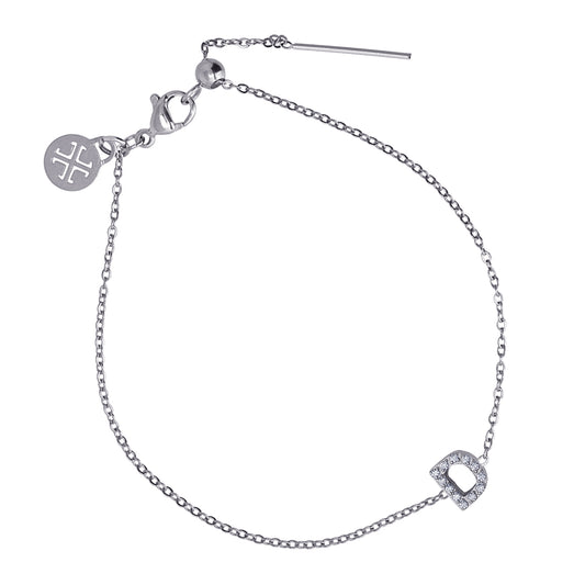 Bracelet femme acier lettre D zirconia argenté 19 cm