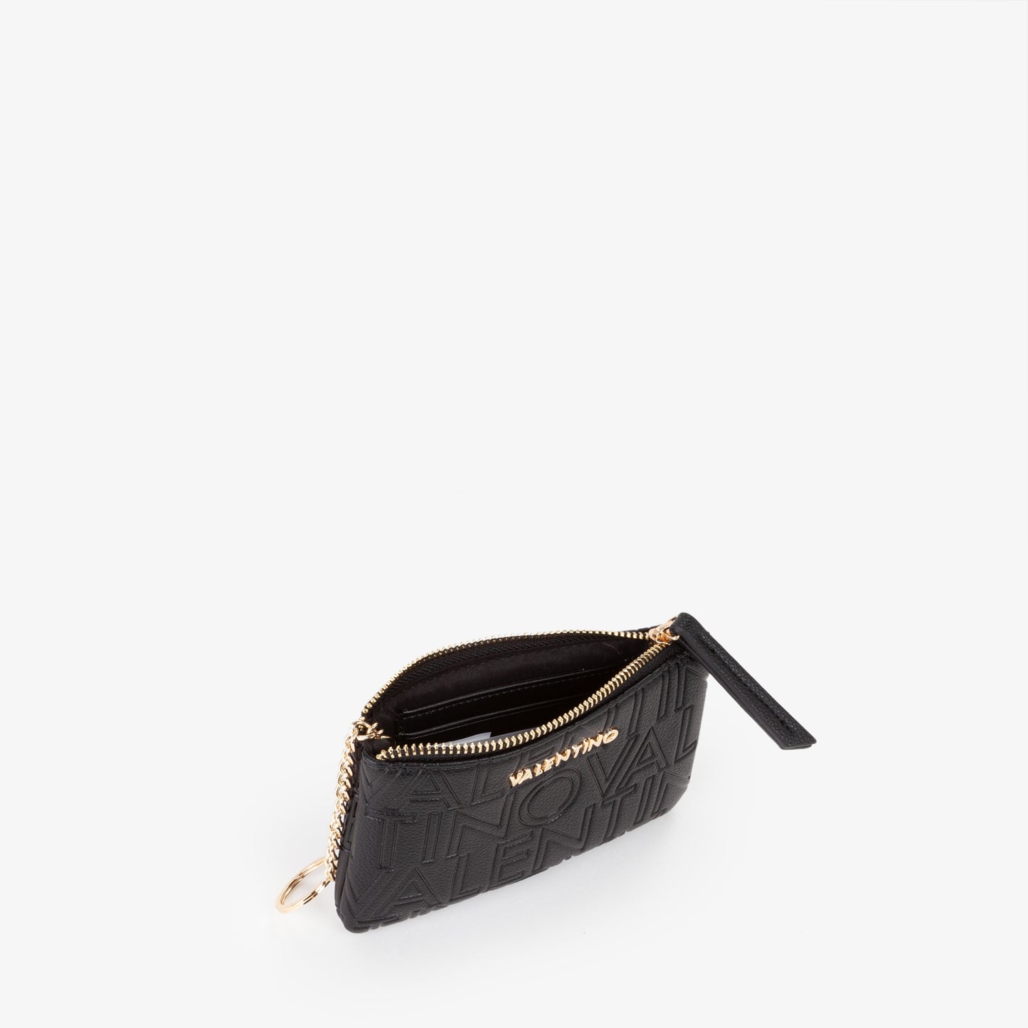 Pochette femme noir logo embossé zip doré porte-clés