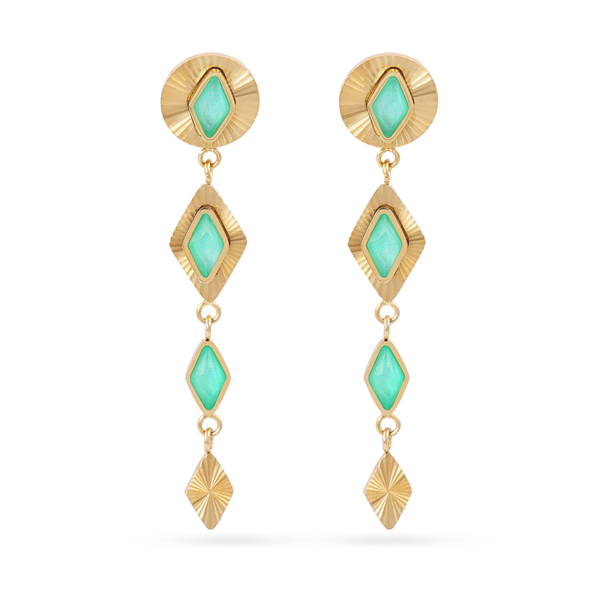 BOUCLES D'OREILLES - ACIER DORE - PIERRES SYNTHETIQUES VERT