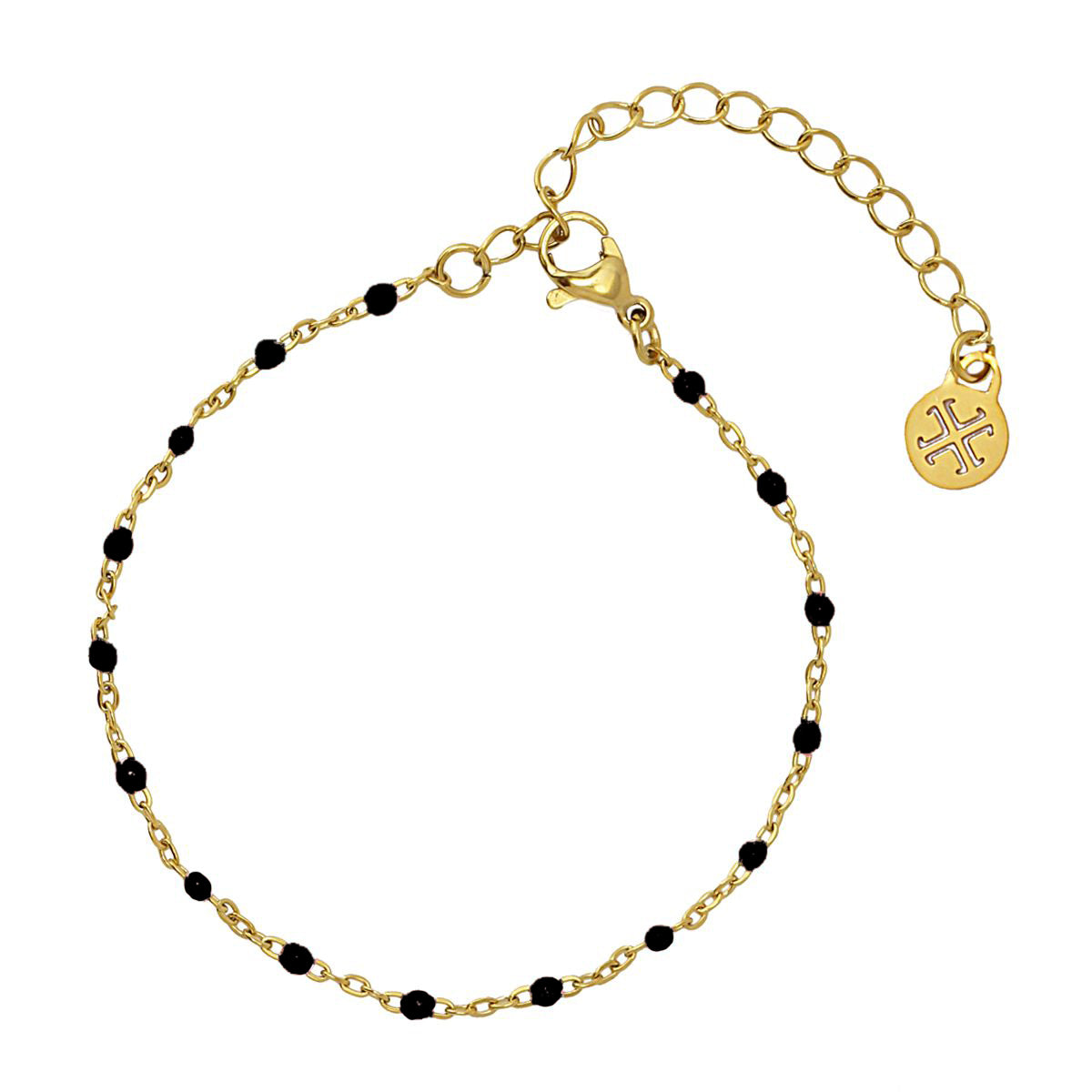 Bracelet femme acier doré perles noires émaillées 16+5 cm