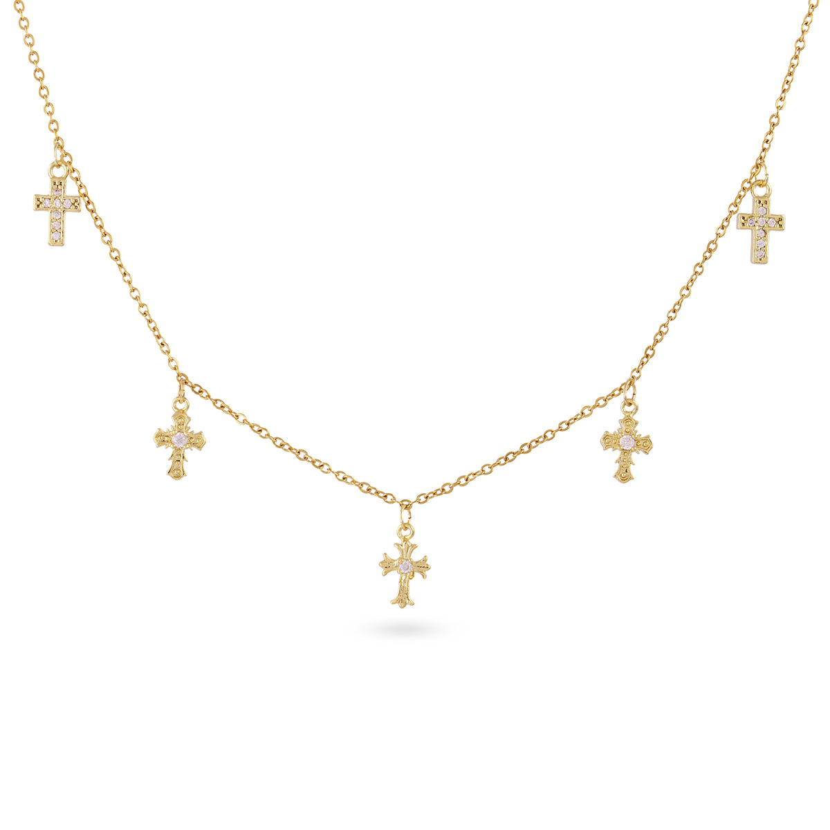 Collier femme acier doré multi-croix zirconia rose