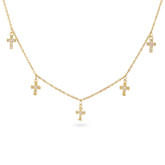 Collier femme acier doré multi-croix zirconia rose