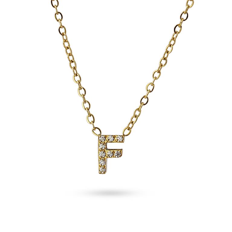 Collier femme acier jaune lettre F zirconia 38 cm