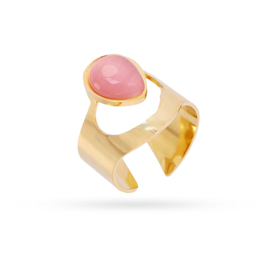 Bague femme acier doré pierre rose cabochon ajustable