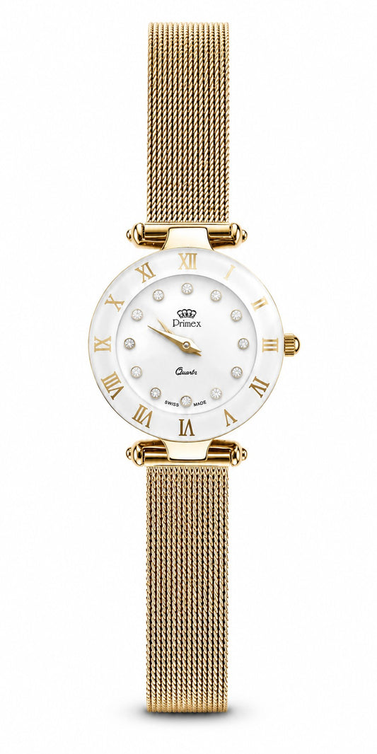 Montre femme dorée Swiss Made cadran nacre cristaux