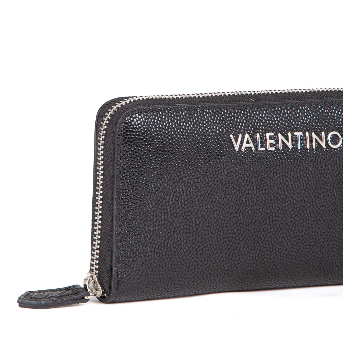 Portefeuille femme zippé noir grain caviar argenté