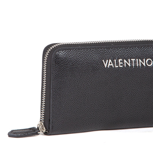 Portefeuille femme zippé noir grain caviar argenté