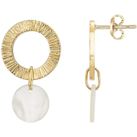 Boucles d'oreilles pendantes femme acier doré anneau nacre