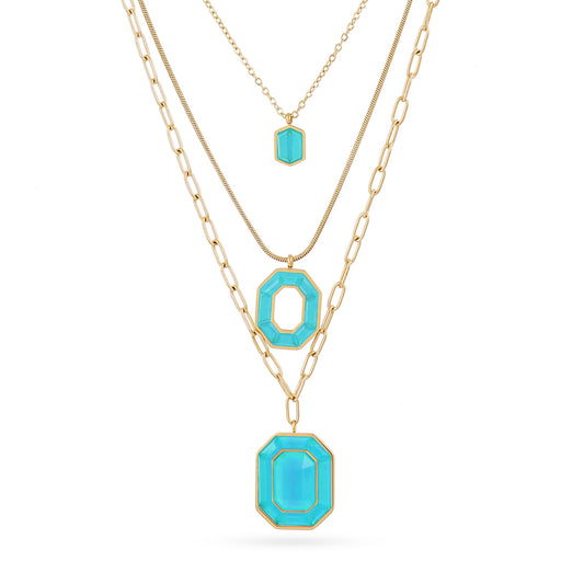 Collier femme acier doré triple rang pierre turquoise