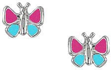Clous d'oreilles enfant argent papillon laqué multicolore