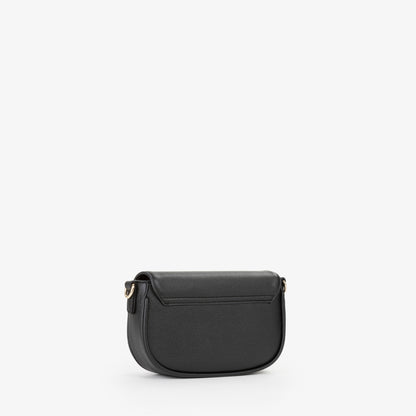 Sac bandoulière femme noir rabat logo doré