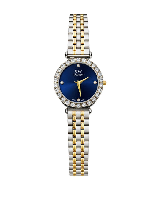 MONTRE DAME SWISS MADE - CARDAN BLEU - BRACELET METAL BICOLORE - ETANCHE 30 METRES