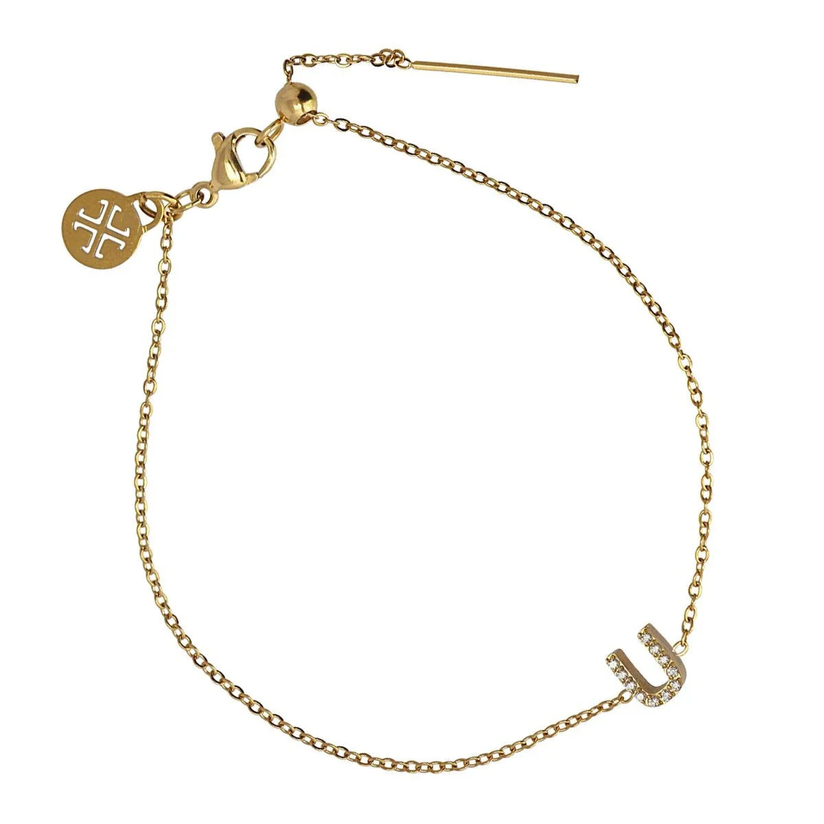 Bracelet femme acier doré lettre U zirconia 19 cm